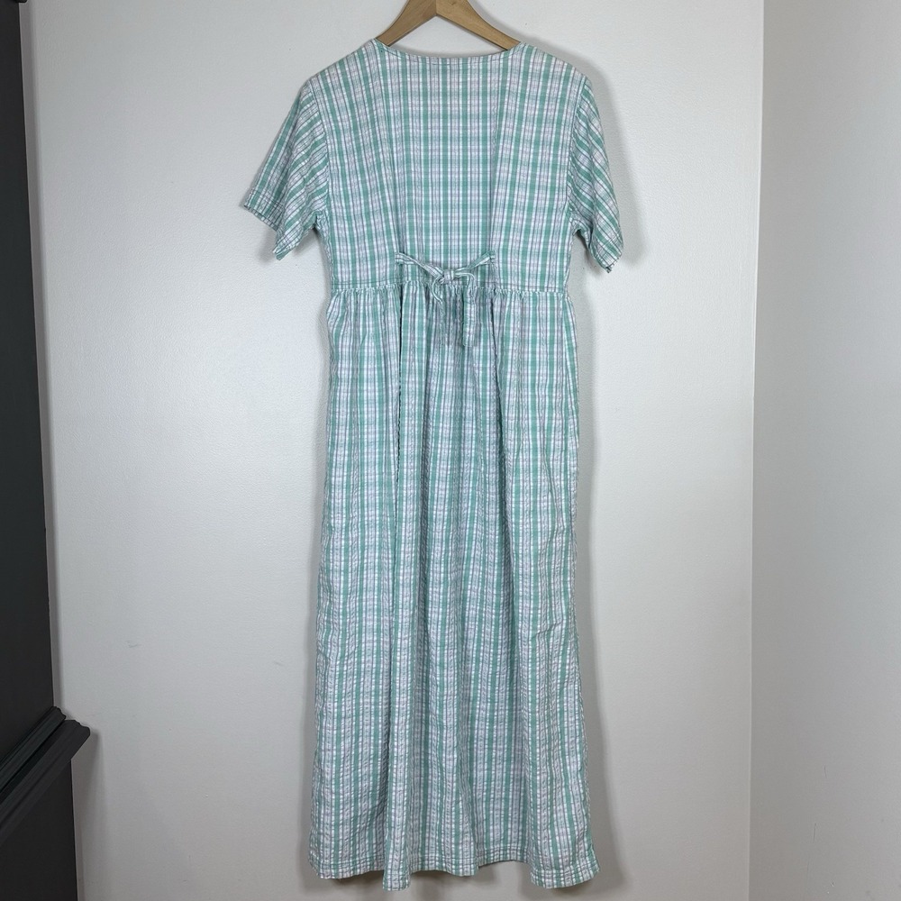 Vintage Womens Plaid Cotton Midi Dress L Green Button Front Prairie Cottagecore - Picture 2 of 9